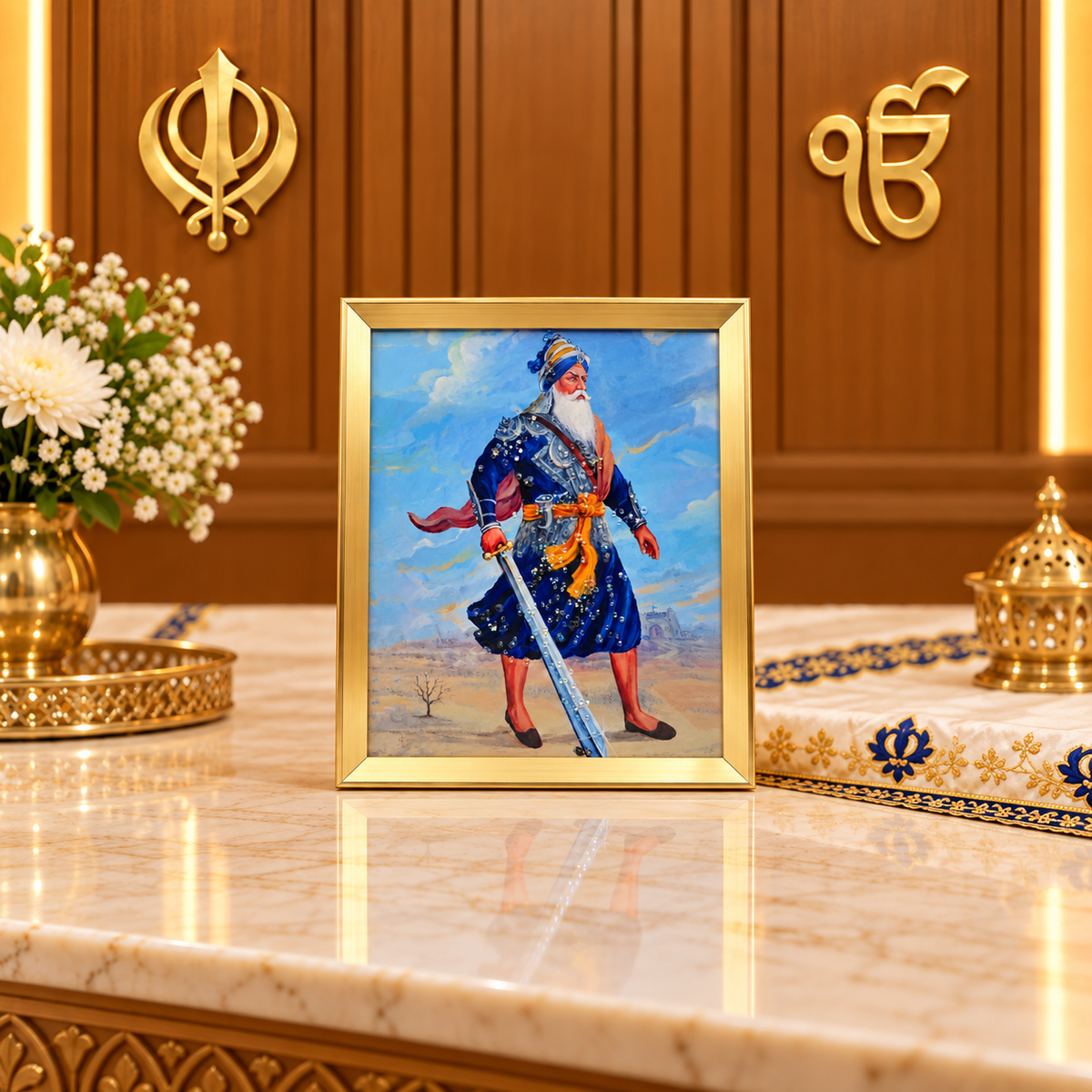 Baba Deep Singh Ji Sikh Warrior Devotional Photo Frame with Crystal Embellishments – Gold-Coloured Frame | Sikh Religious Prayer Room & Home Décor | Size: 30 × 40cm (11.8" × 15.75") | Model No. 2303-1 | 9351235062105
