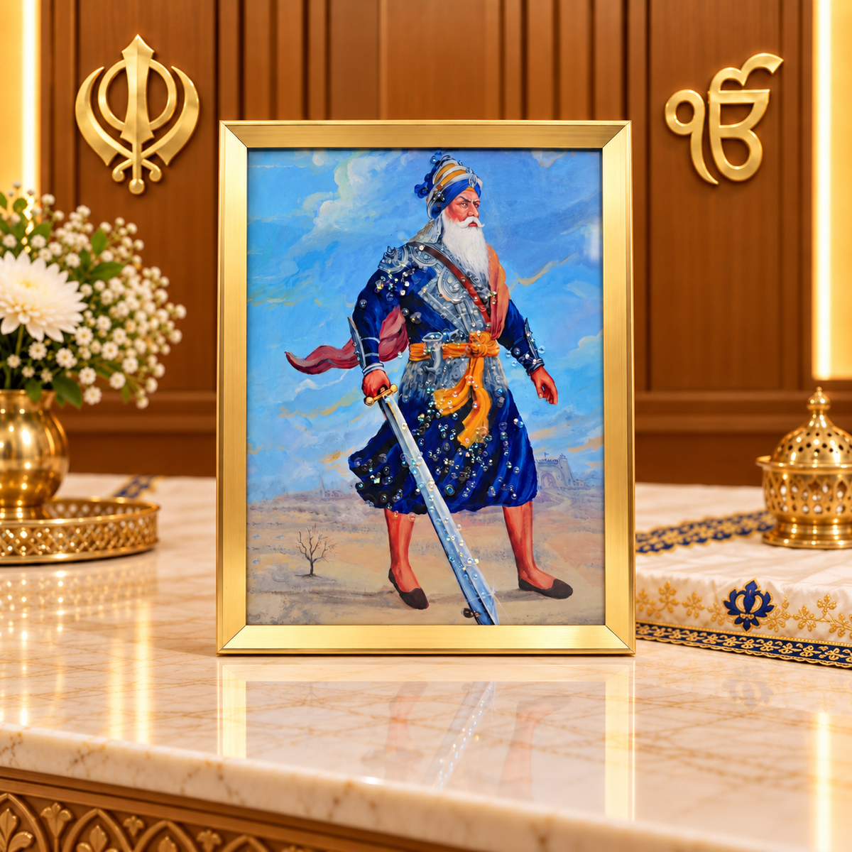 Baba Deep Singh Ji Sikh Warrior Devotional Photo Frame with Crystal Embellishments – Gold-Coloured Frame | Sikh Religious Prayer Room & Home Décor | Size: 40 × 60cm (15.74" × 23.62") | Model No. 2303-1 | 9351235062099