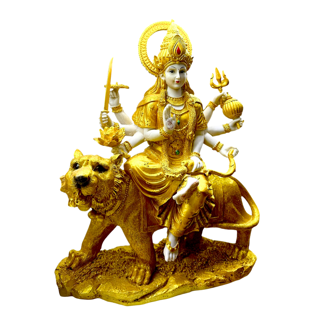 Golden Durga Mata Idol – Lion Rider Form Idol/ Statue/ Murti | 36 x 13 x 45cm (14.17in x 5.12in x 17.72in) | GOD F126 - 6920251040126/ 9351235055381