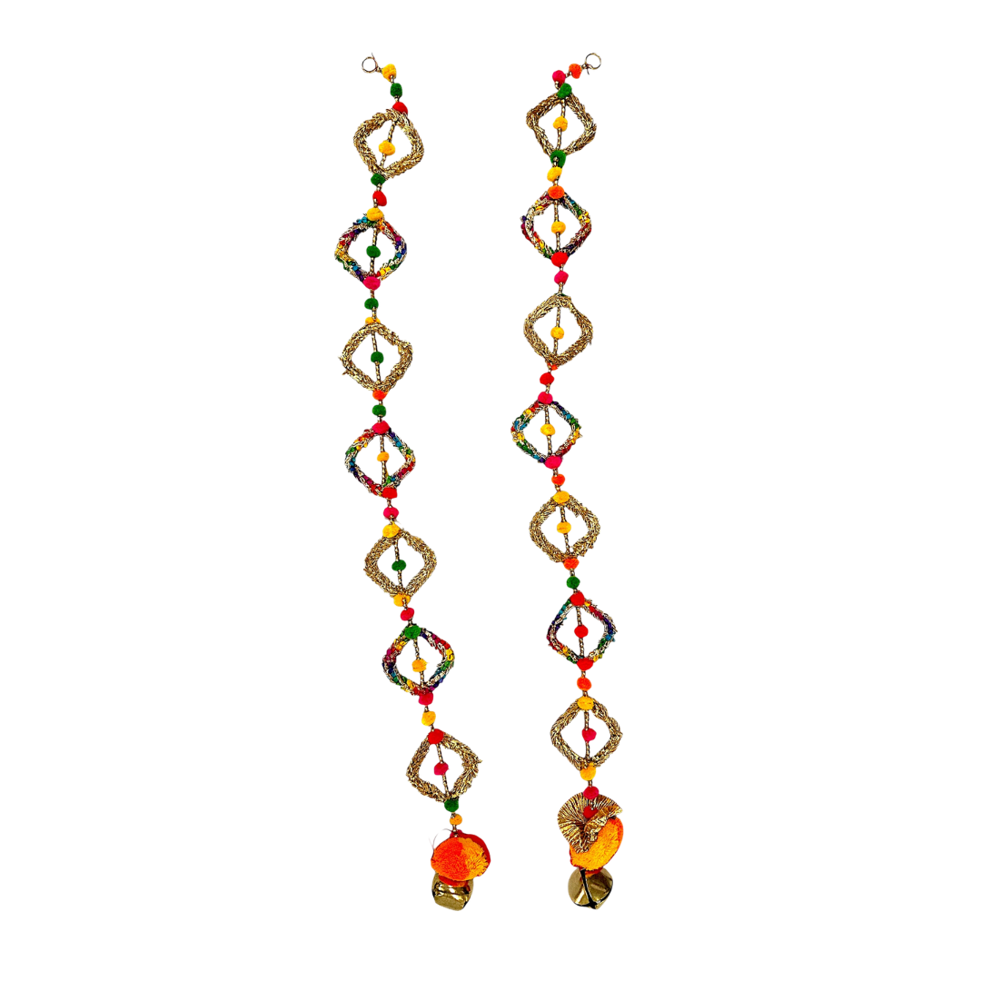 Diamond Shaped Toran with Golden Bells Multicolour Pom Pom Garland/ Toran Door Hanging Wandhanwaar/ Latkan for Decoration (Set of 2) (Style No 4)- 9351235058566