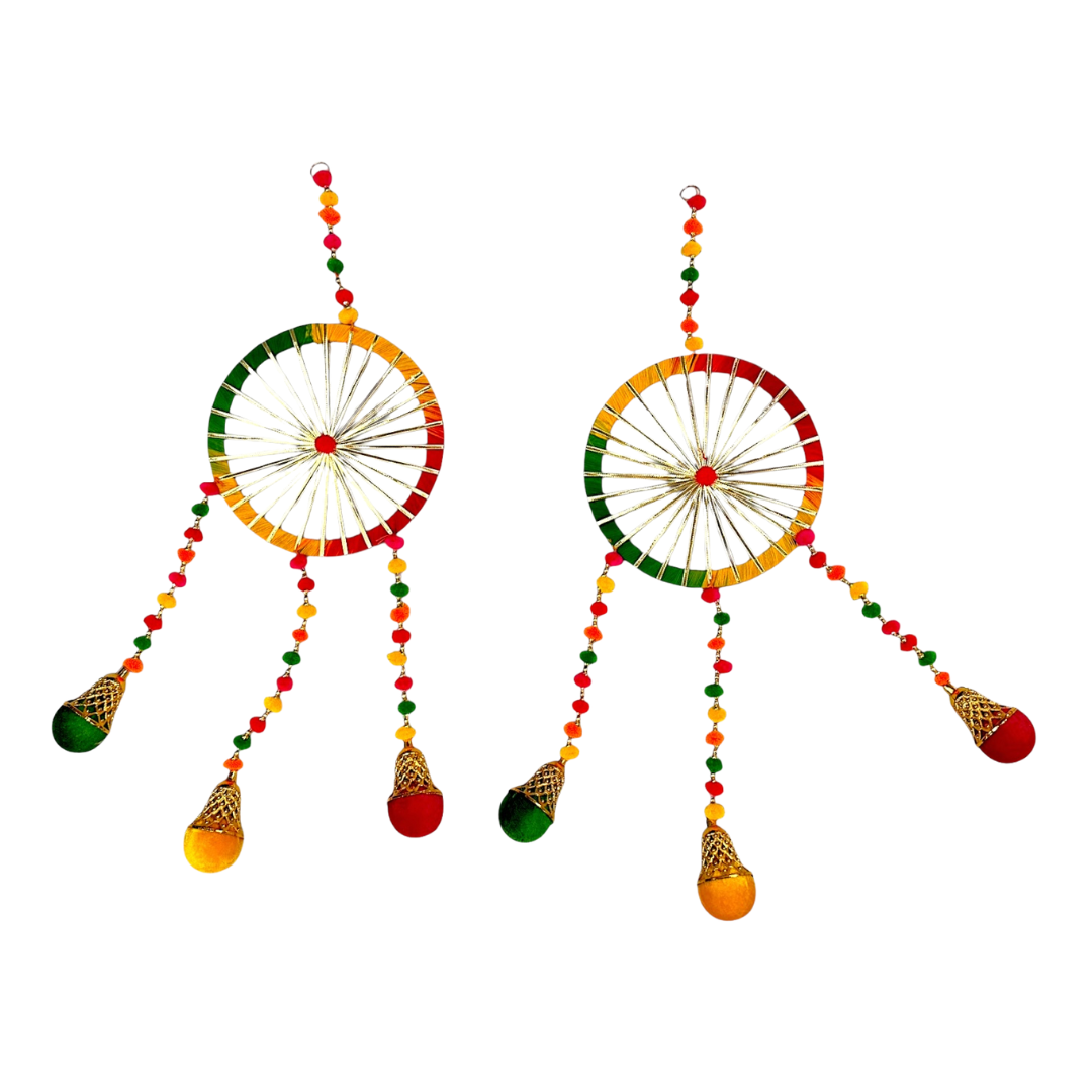 Traditional Door Toran with Triple Hanging Velvet Bells with Multicolour Pom Pom Garland/ Toran Door Hanging Wandhanwaar/ Latkan for Decoration (Set of 2) (Style No 7)- 9351235058597