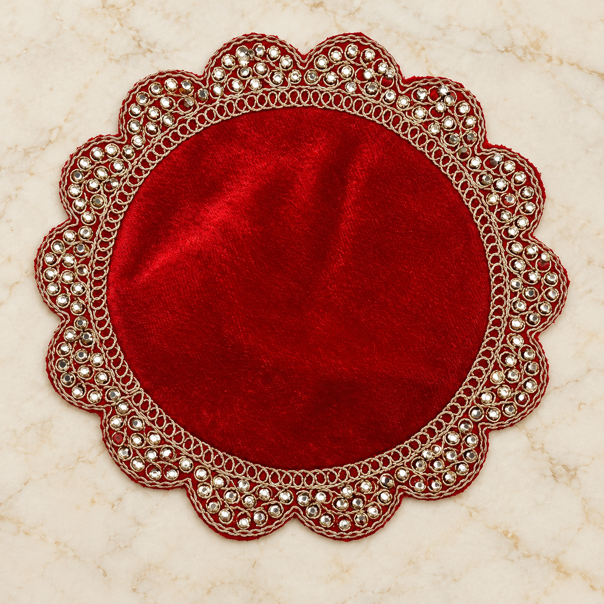 Pooja Aasan Velvet Cloth with Gold Lace Border | Decorative Puja Chowki Aasan for God Idols & Mandir | Size: 12" × 12" (15 X 15)| Code: CH-57 | 9351235062884