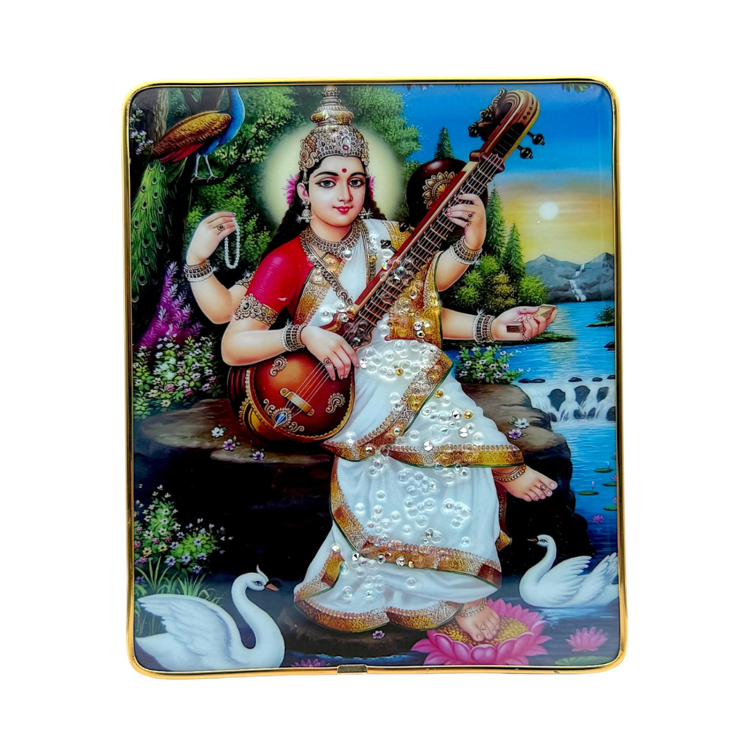 Goddess Saraswati Photo Frame – Divine Art Print | 20*24cm (8"*9.5") | Decorative Painting JC2024B-1 With Support - 9351235056777