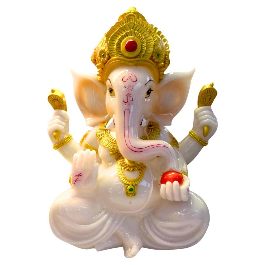 White Marble Look Ganesh Idol/ Statue/ Murti– Golden Crown Edition Idol | 20*14*32CM (7.87in x 5.51in x 12.6in) | GOD 33444-1 - 9351235055121