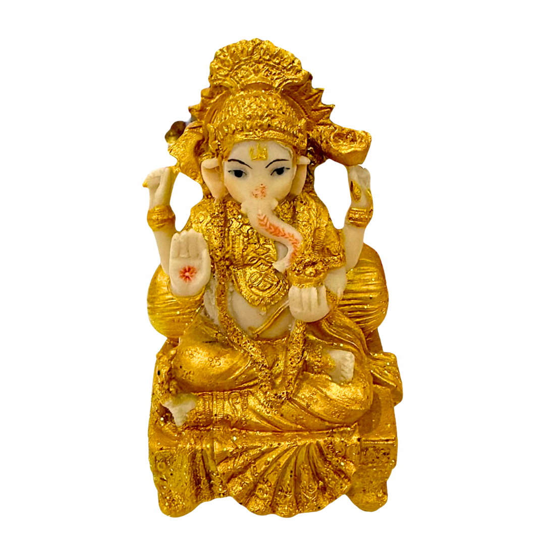 Golden Ganesha Idol/ Statue/Murti – Seated on Throne | 6.5 x 6x11cm (2.56in x 2.36in x 4.33in)| GOD F309 - 9351235055435