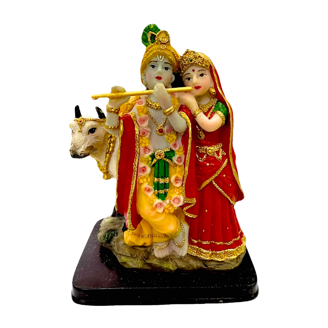 Radha Krishna with Cow – Flute Playing Pose Idol/ Statue/Murti | 8.5 x 6x11.5cm (3.35in x 2.36in x 4.53in) | GOD 99080 - 9351235055473