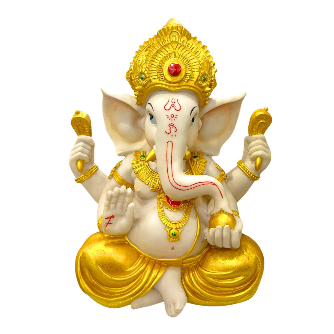 Lord Raja Ganesha – Golden Dhoti & Crown Edition Idol/ Statue/ Murti | 25 x 15 x 31cm (9.84in x 5.91in x 12.2in) | GOD F102 - 6920256030252/ 9351235055510