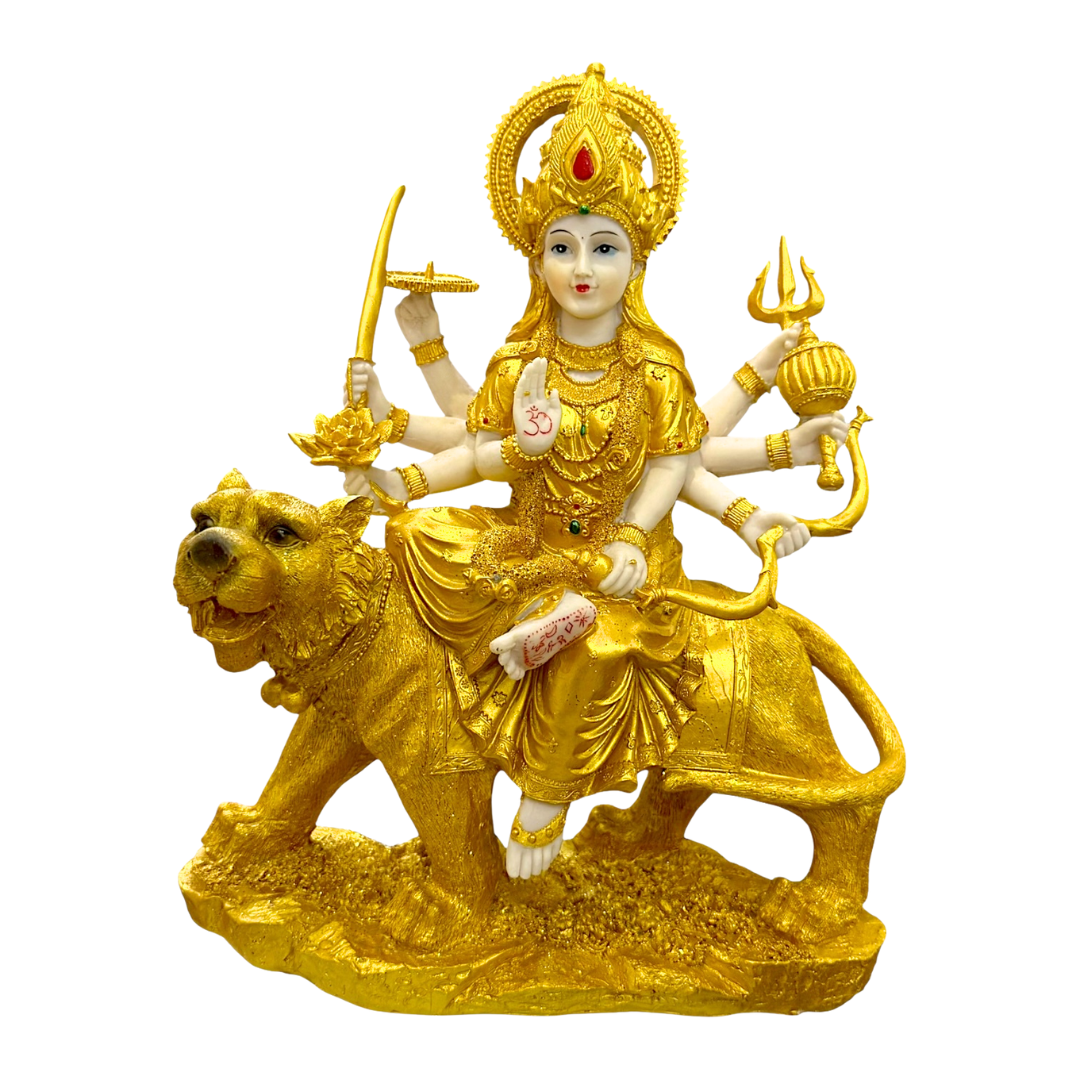 Golden Durga – Shakti Roop on Lion Idol/ Statue/ Murti | 29 x 10.5 x 35.5cm (11.42in x 4.13in x 13.98in) | GOD F127 - 6920251040133/ 9351235055398