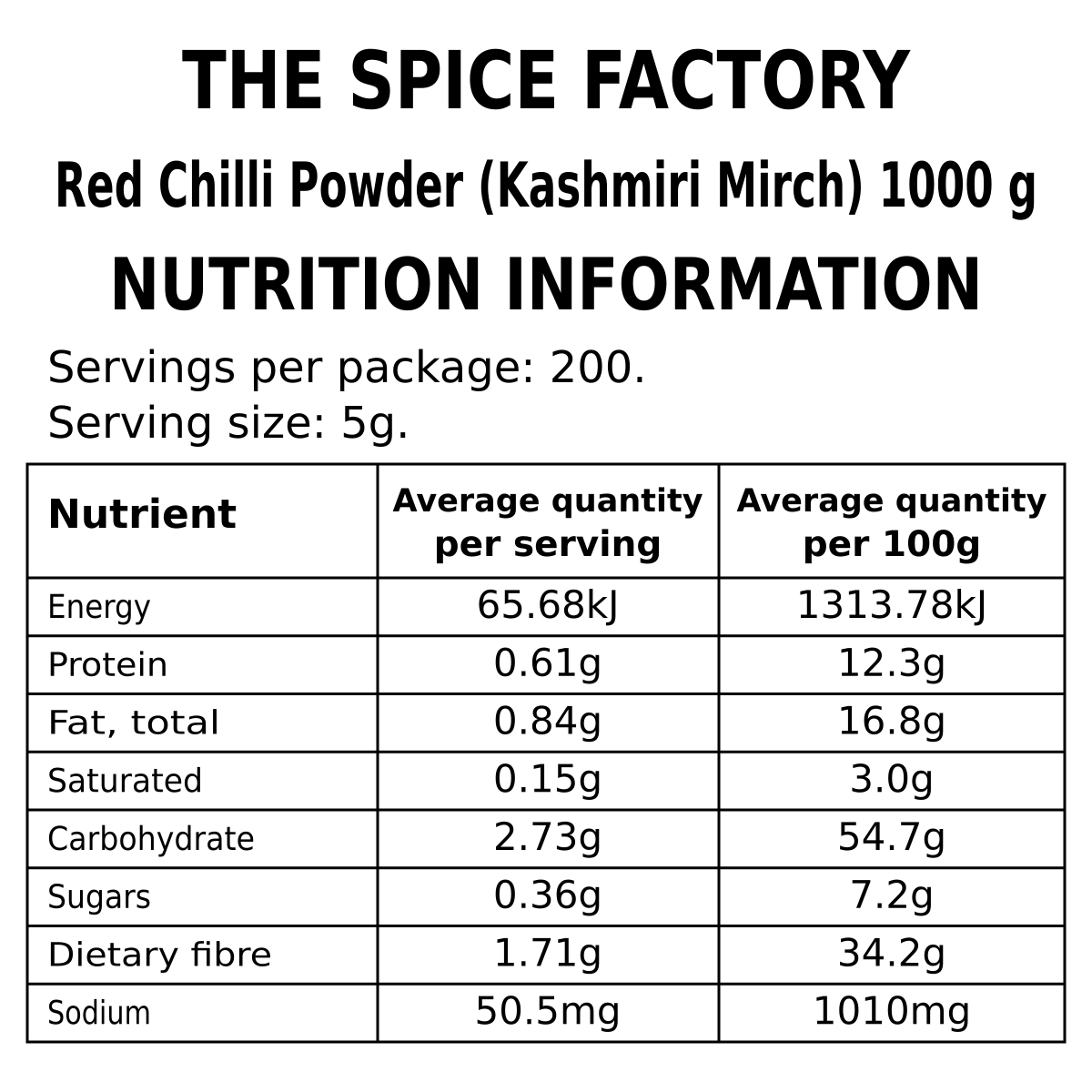 TSF Kashmiri Chilli Powder 1kg - nutrition information