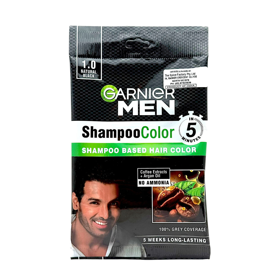 Garnier Men Shampoo Based Hair Colour | 1.0 Natural Black | 100% Grey Coverage | 5 Weeks long lasting | No Ammonia 10ml + 10ml
