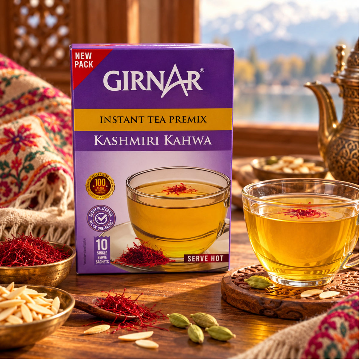 Girnar Kashmiri Kahwa | Kawa | Instant Tea Premix | 10 Single Serve Sachets 100g