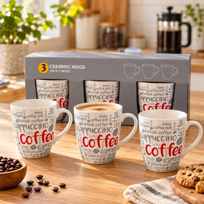 Ceramic Coffee Mugs – Pack of 3 | Café-Style Design Tea & Coffee Mugs | Model No. KH-3P | 9351235062525