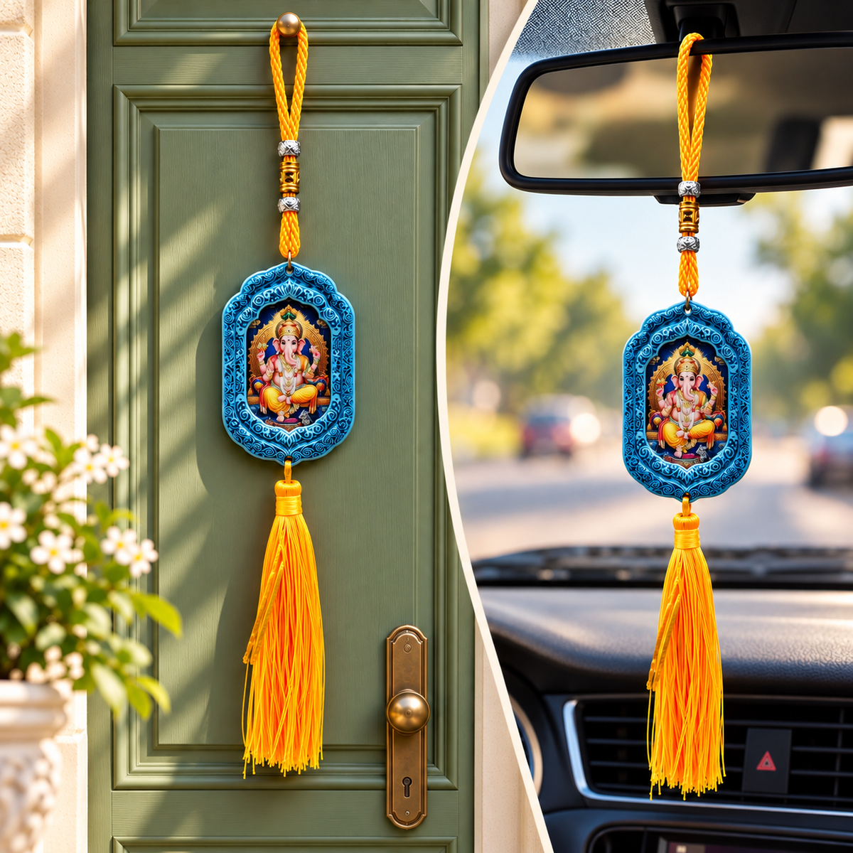 Ganesh Ji Car & Door Hanging Ornament with Tassel | Lord Ganesha Decorative Hanging Pendant | Hindu Religious Home & Car Décor | Model No. 0089 | 9351235062136