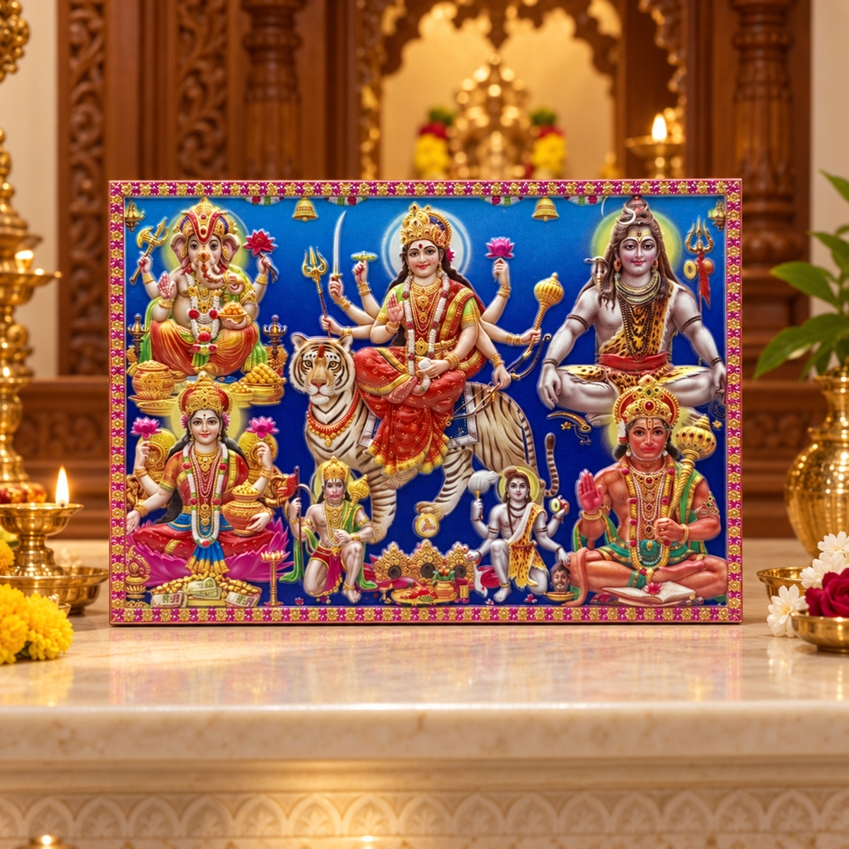 Hindu Gods 3D-Style Devotional Photo Frame – 7 Deities | Ganesh, Lakshmi, Durga, Shiva & Hanuman Religious Photo Frame | Pooja Mandir & Home Décor | Size: 21 × 15cm (8.26" × 5.91") | 9351235062167