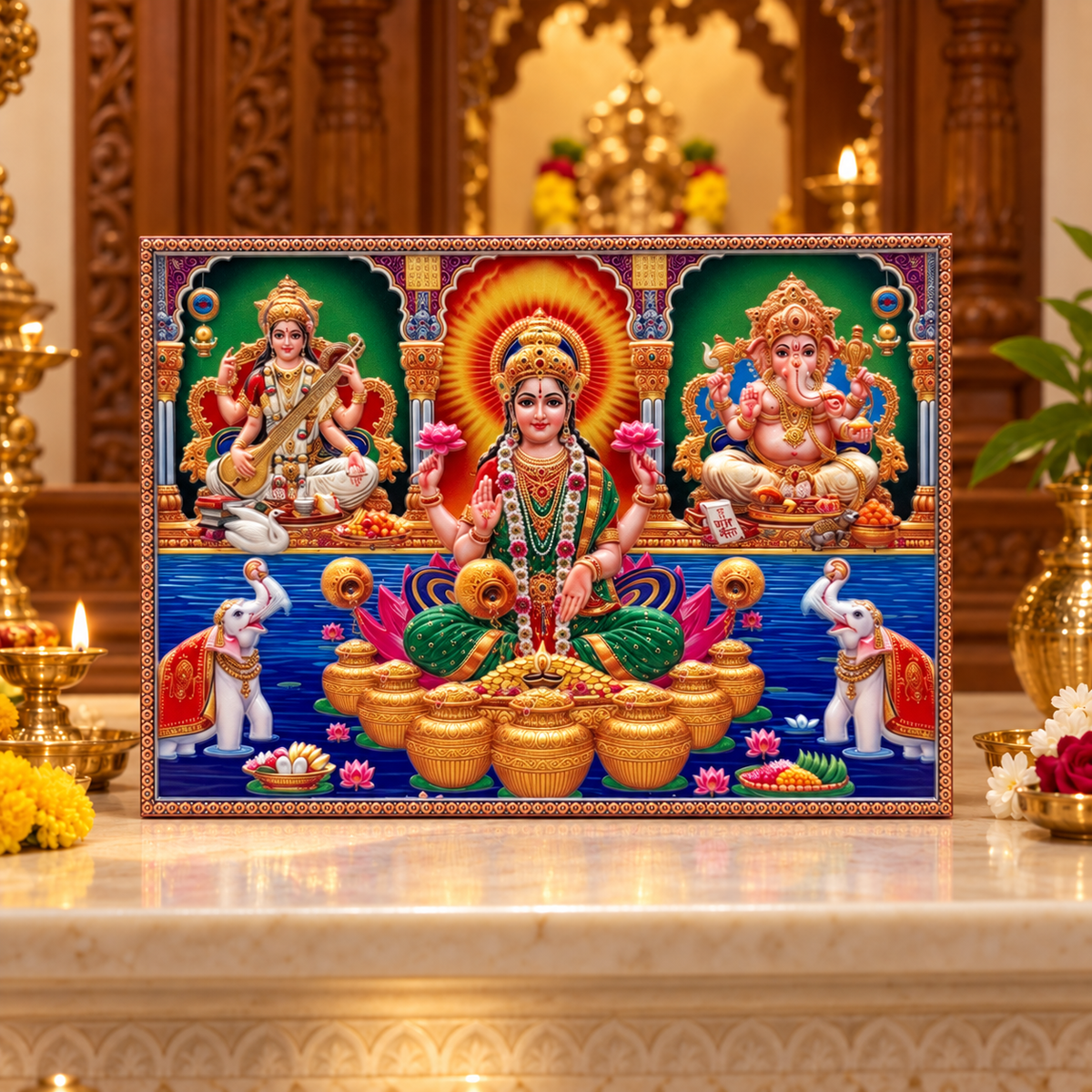 Lakshmi Mata, Saraswati Mata & Ganesh Ji 3D-Style Devotional Photo Frame | Hindu Gods Religious Photo Frame | Pooja Mandir & Home Décor | Size: 21 × 15cm (8.26" × 5.91") | 9351235062150