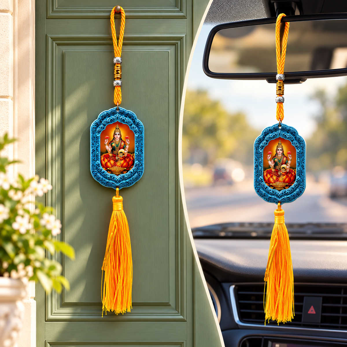 Laxmi Mata Ji Car & Door Hanging Ornament with Tassel | Goddess Lakshmi Decorative Hanging Pendant | Hindu Religious Home & Car Décor | Model No. 0089 | 9351235062136