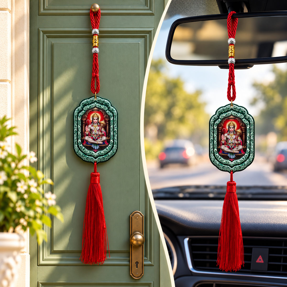 Hanuman Ji Car & Door Hanging Ornament with Red Tassel | Seated Lord Hanuman Decorative Hanging Pendant | Hindu Religious Home & Car Décor | Model No. 0089 | 9351235062136