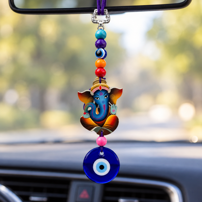 Evil Eye Lord Ganesha Car Hanging Charm | Nazar Protection Hanging | Blue Evil Eye Amulet | Model No. 001 | 9351235062259