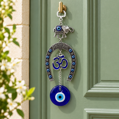 Evil Eye Om & Elephant Horseshoe Door Hanging Charm | Nazar Protection Hanging | Blue Evil Eye Amulet | Model No. 001 | 9351235062280