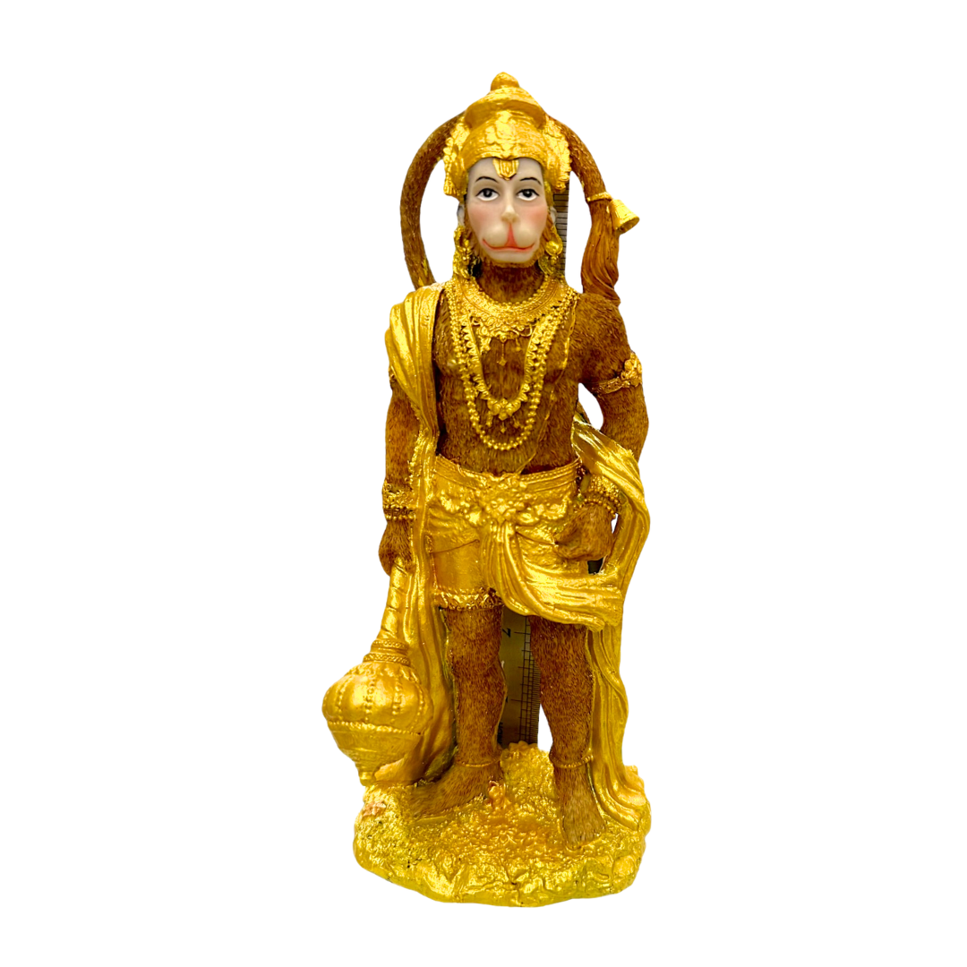Standing Hanuman  Idol/ Statue/ Murti – Golden Finish with Gada Idol | 9 x 6.5 x 22cm ?3.54in x 2.56in x 8.66in? | GOD F042  - 9351235055404/ 6920251040140