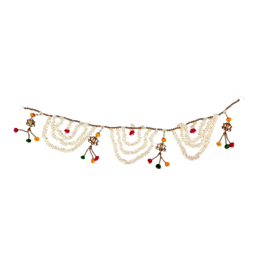 White Floral Lotus Wandanwar Toran with Beads & Pom-Poms Garland/ Door Hanging / Latkan for Decoration (Style No-5)- 9351235058887