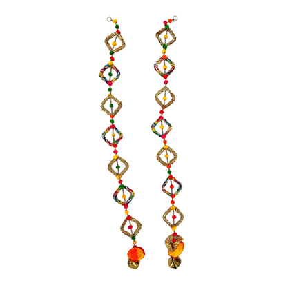 Diamond Shaped Toran with Golden Bells Multicolour Pom Pom Garland/ Toran Door Hanging Wandhanwaar/ Latkan for Decoration (Set of 2)  (Style No 4)- 9351235058566