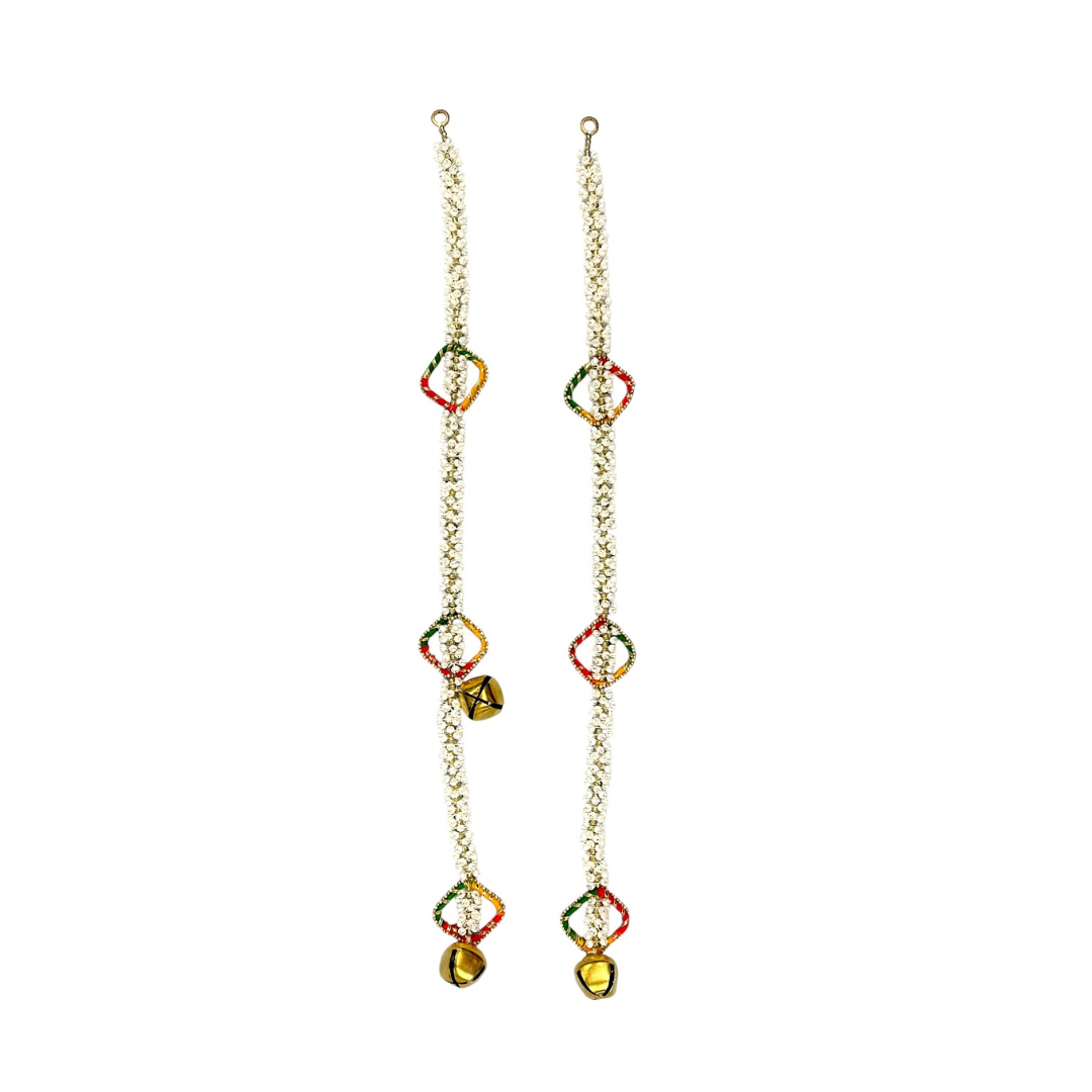 Traditional White Floral Toran with Golden Bell & Beaded Diamond Rings Pom Pom Garland/ Toran Door Hanging Wandhanwaar/ Latkan for Decoration (Set of 2)  (Style No 6)- 9351235058580