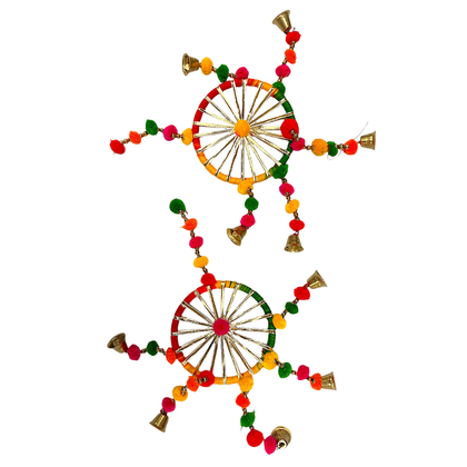 Traditional Chakra Design Hanging with Bells & Toran with Multicolour Pom Pom Garland/ Door Hanging Wandhanwaar/ Latkan for Decoration (Set of 2)  (Style No 8)- 9351235058603