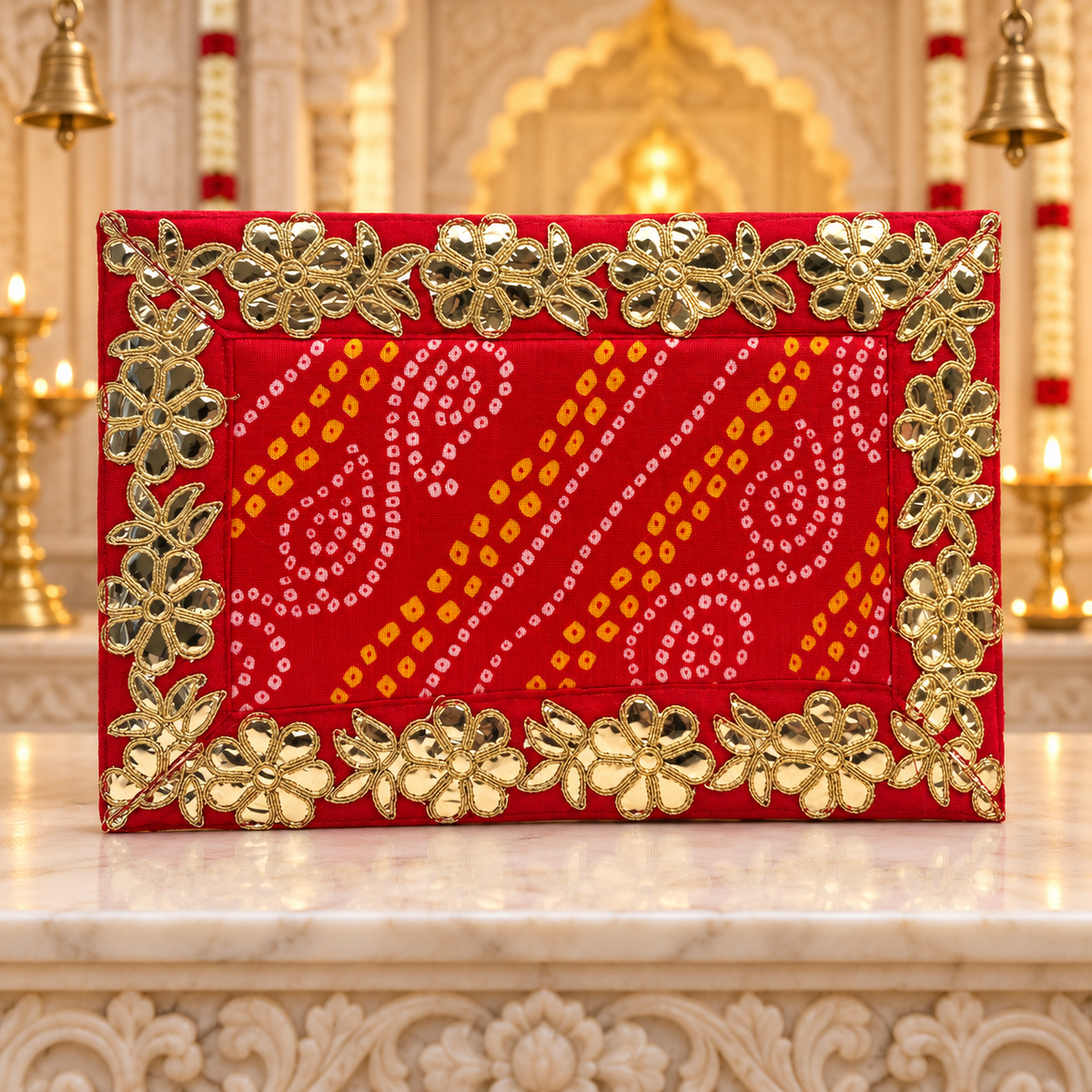 Pooja Aasan Premium Velvet Cloth – Red with Gold Lace Border | Decorative Puja Chowki Aasan for God Idols & Mandir | Size: 8" × 12" | Code: SH-108A