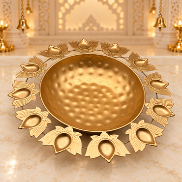Decorative Diya Urli Bowl with Lotus Border – 15" | Traditional Indian Floating Diya & Flower Decoration | Diwali, Pooja & Festive Home Décor | 9351235063225