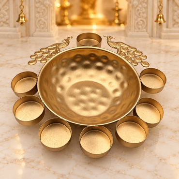 Decorative Diya Urli Bowl with Peacock Border – 10" | Traditional Indian Floating Diya & Flower Decoration | Diwali, Pooja & Festive Home Décor | 9351235063249