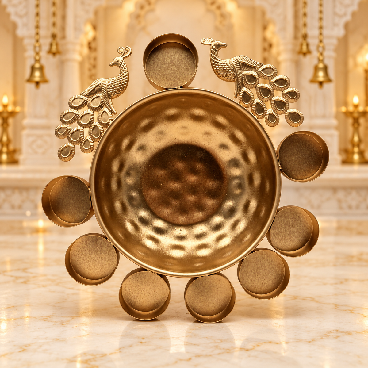 Decorative Diya Urli Bowl with Peacock Border – 10" | Traditional Indian Floating Diya & Flower Decoration | Diwali, Pooja & Festive Home Décor | 9351235063249