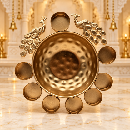Decorative Diya Urli Bowl with Peacock Border – 10" | Traditional Indian Floating Diya & Flower Decoration | Diwali, Pooja & Festive Home Décor | 9351235063249