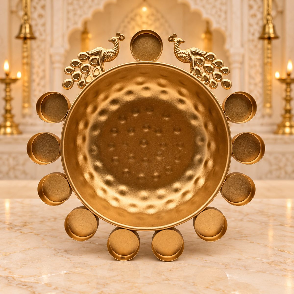 Decorative Diya Urli Bowl with Peacock Border – 12" | Traditional Indian Floating Diya & Flower Decoration | Diwali, Pooja & Festive Home Décor | 9351235063256