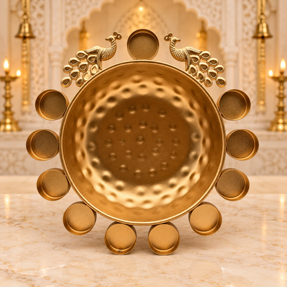 Decorative Diya Urli Bowl with Peacock Border – 12" | Traditional Indian Floating Diya & Flower Decoration | Diwali, Pooja & Festive Home Décor | 9351235063256