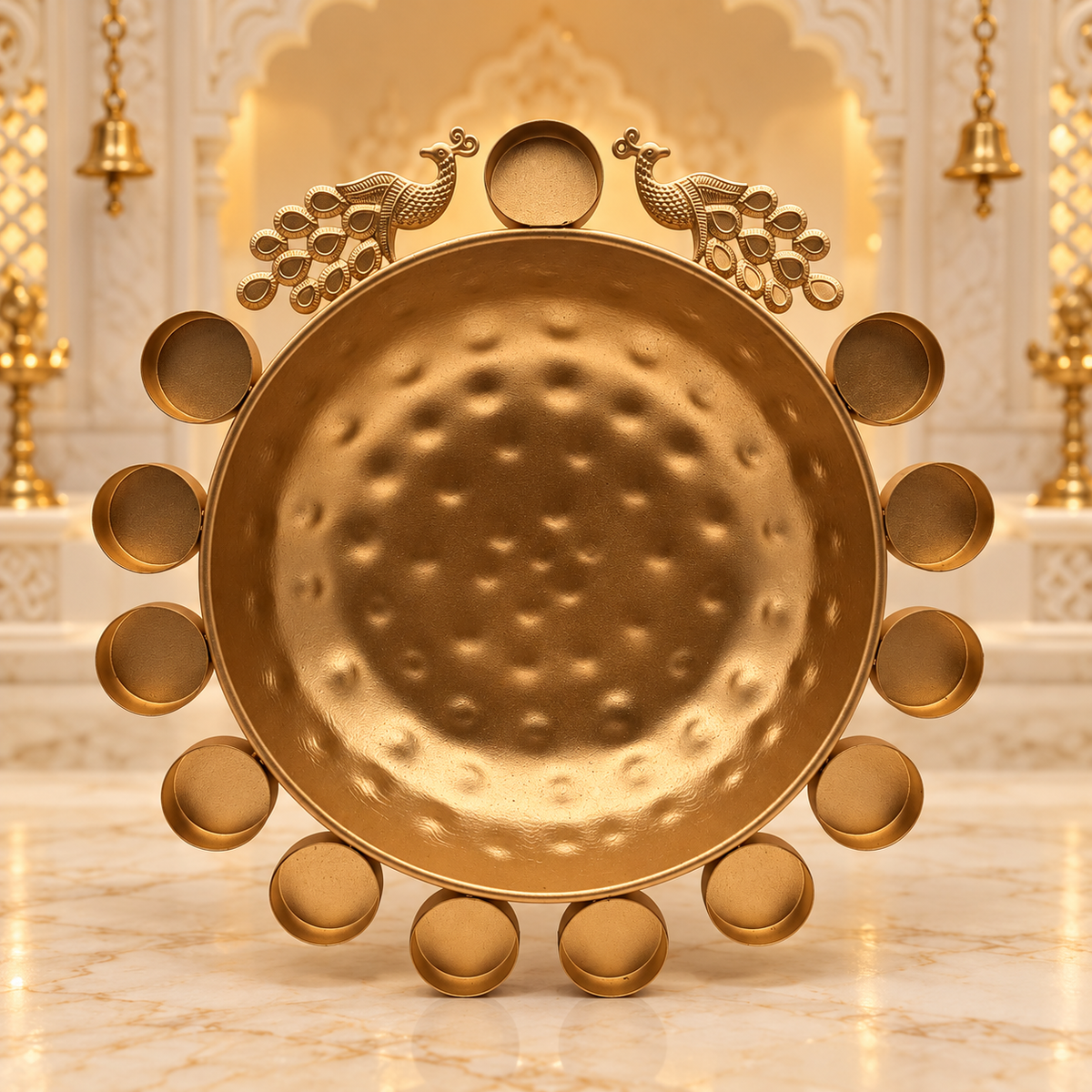Decorative Diya Urli Bowl with Peacock Border – 14" | Traditional Indian Floating Diya & Flower Decoration | Diwali, Pooja & Festive Home Décor | 9351235063263