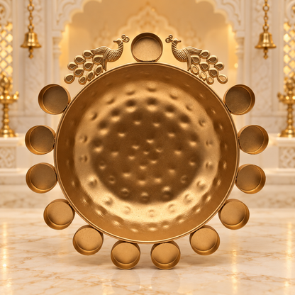 Decorative Diya Urli Bowl with Peacock Border – 14" | Traditional Indian Floating Diya & Flower Decoration | Diwali, Pooja & Festive Home Décor | 9351235063263