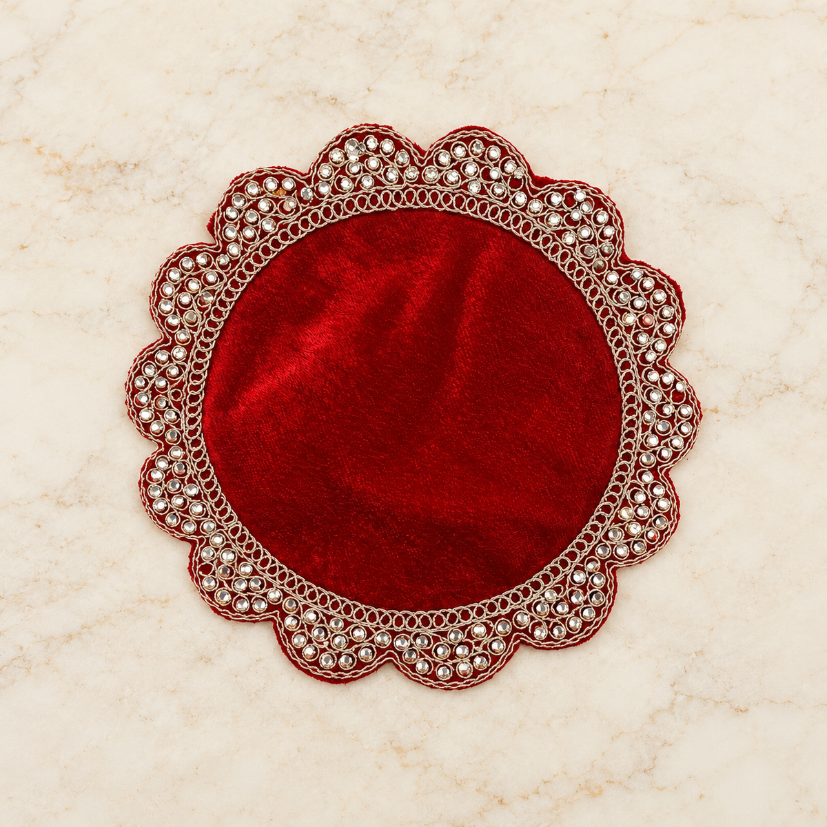 Pooja Aasan Velvet Cloth with Gold Lace Border | Decorative Puja Chowki Aasan for God Idols & Mandir | Size: 6" × 6" | Code: CH-57 | 9351235062853