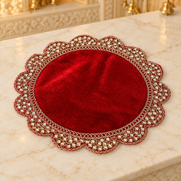 Pooja Aasan Velvet Cloth with Gold Lace Border | Decorative Puja Chowki Aasan for God Idols & Mandir | Size: 8" × 8" | Code: CH-57 | 9351235062860