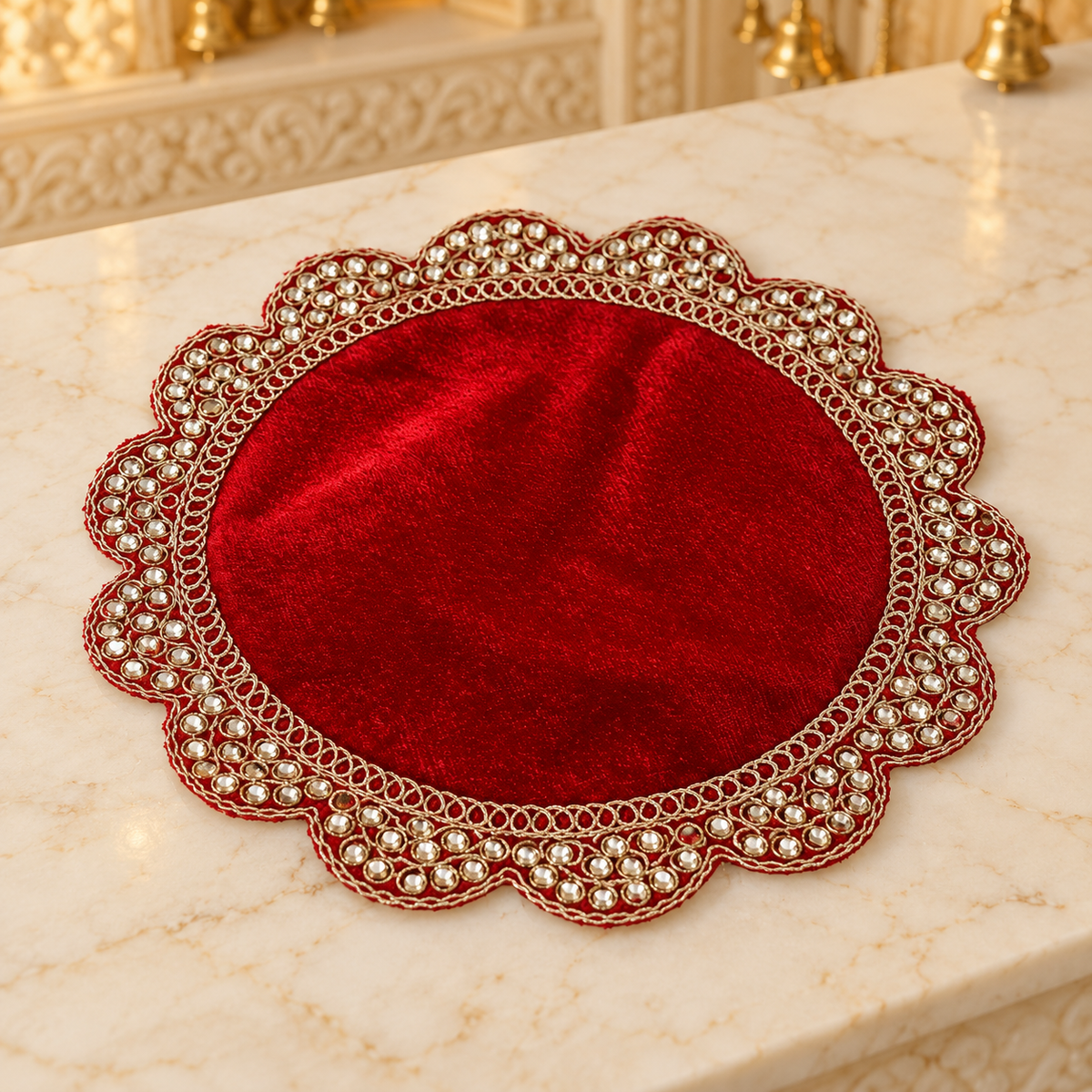 Pooja Aasan Velvet Cloth with Gold Lace Border | Decorative Puja Chowki Aasan for God Idols & Mandir | Size: 8" × 8" | Code: CH-57 | 9351235062860