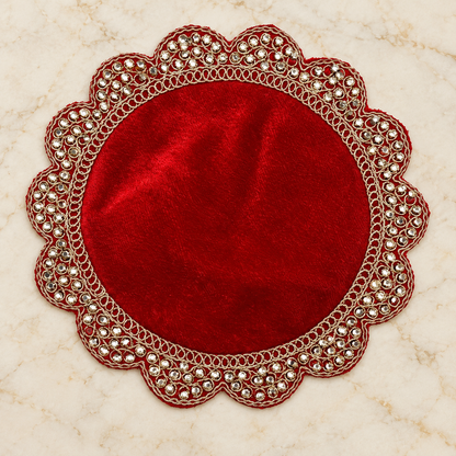 Pooja Aasan Velvet Cloth with Gold Lace Border | Decorative Puja Chowki Aasan for God Idols & Mandir | Size: 12" × 12" (15 X 15)| Code: CH-57 | 9351235062884