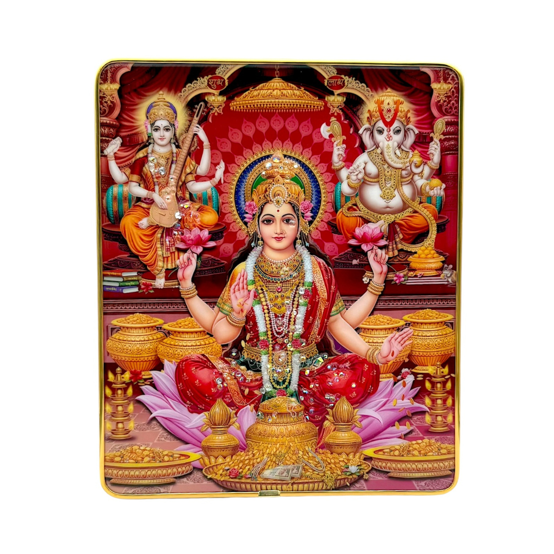 Laxmi Ganesh Saraswati Photo Frame – Divine Trio Blessings  | 20*24cm (8"*9.5") | Decorative Painting JC2024B-3 with Stand - 9351235056791