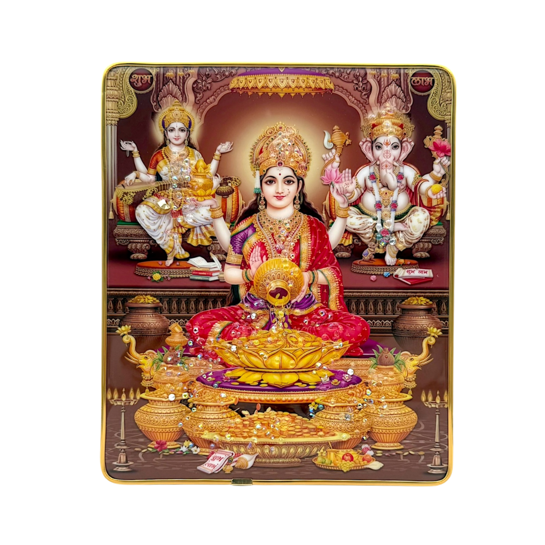 Lakshmi Ganesh Saraswati Photo Frame – Golden Prosperity Theme | 20*24cm (8"*9.5") | Decorative Painting JC2024B-5 With Support - 9351235056814