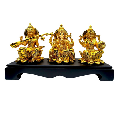 Golden Set of Ganesh, Lakshmi & Saraswati on Black Base Idol/ Statue/Murti| 44*15*25CM (17.32in x 5.91in x 9.84in) | GOD T2201  - 935123505588