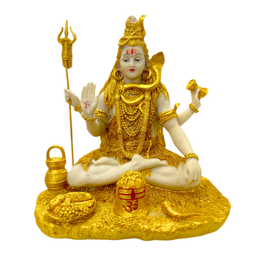 Golden Shivji Statue – Seated Meditation with Trishul & Damru Idol/ Statue/ Murti   | 20 x 16 x 20cm (7.87in x 6.3in x 7.87in） | GOD F197 - 9351235055596