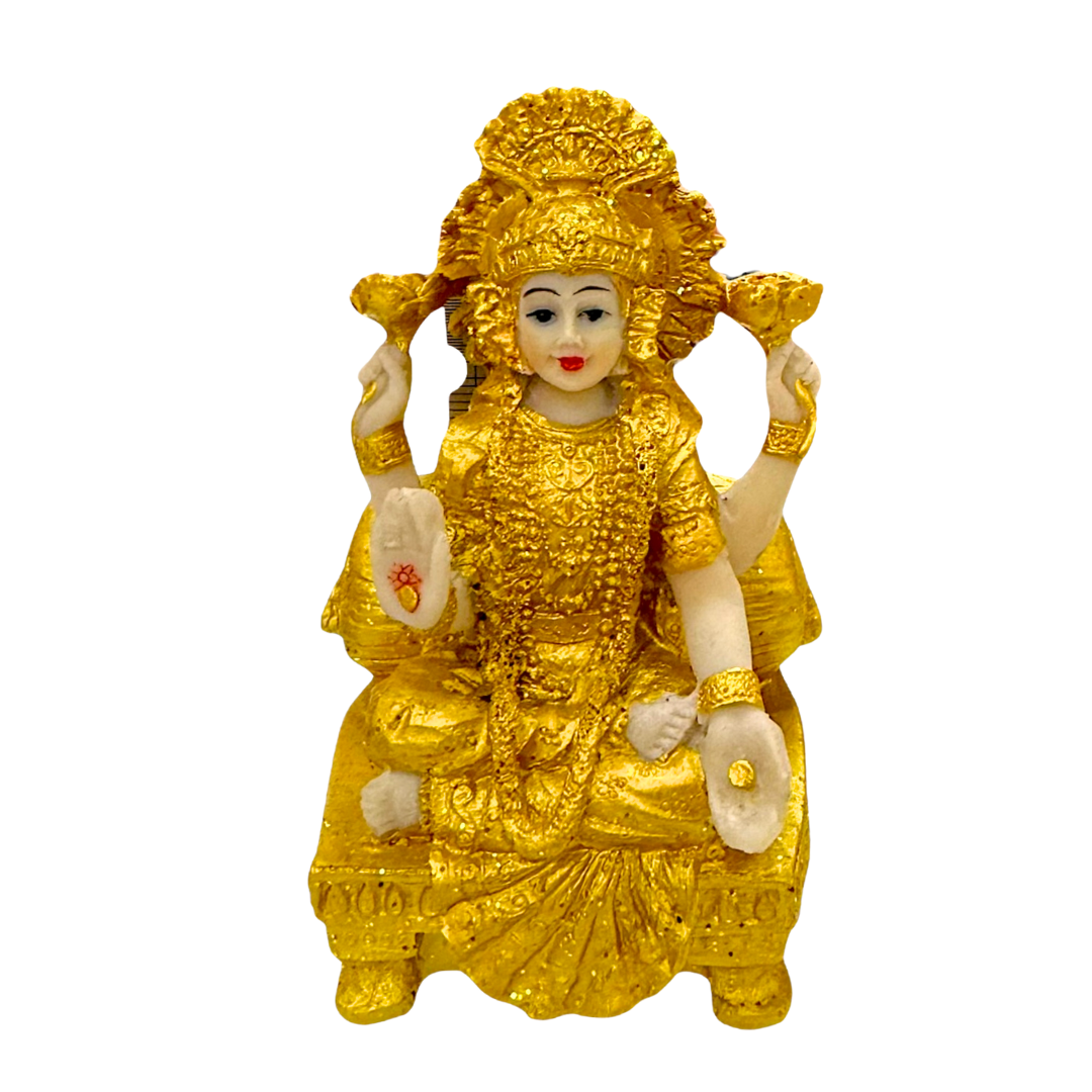 Golden Lakshmi – Seated on Throne with Lotus Idol/ Statue/Murti | 6.5 x 6x11cm （2.56in x 2.36in x 4.33in） | GOD F272 - 9351235055428