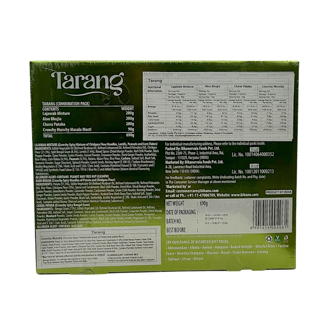 Bikano Tarang Gift Pack 690g (Aloo Bhujia 200g, Chana Pataka 200g, Bikano Lajawab 200g, Crunchy Munchy 90g)