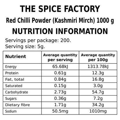 TSF Kashmiri Chilli Powder 1kg - nutrition information