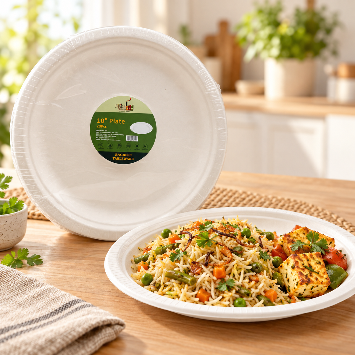 The Spice Factory Bagasse Round Plates 10" – Pack of 20 | Eco-Friendly Disposable Food Plates | Microwave Safe | 9351235062501